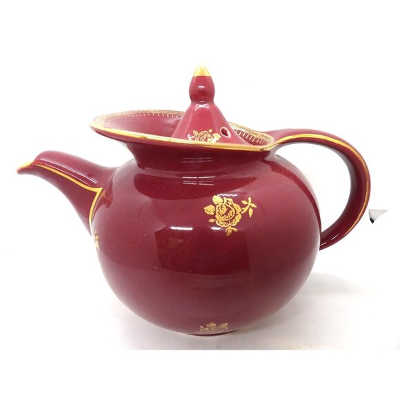 Hall 0693 Burgundy 6 Cup Gold Rose Tea Pot preowned - Picture 1 of 7
